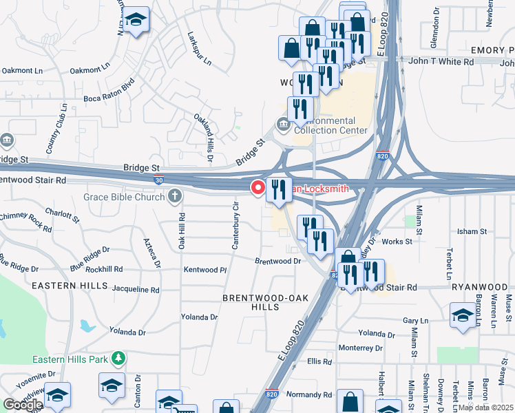 map of restaurants, bars, coffee shops, grocery stores, and more near 1412 Grantland Circle in Fort Worth