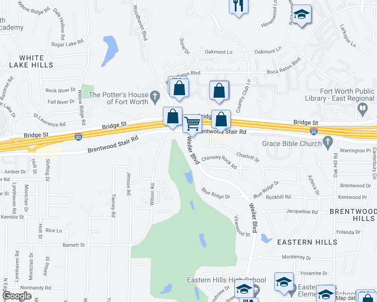 map of restaurants, bars, coffee shops, grocery stores, and more near 1408 Weiler Boulevard in Fort Worth