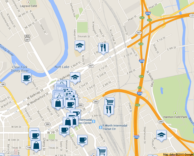 map of restaurants, bars, coffee shops, grocery stores, and more near 303 Crump Street in Fort Worth