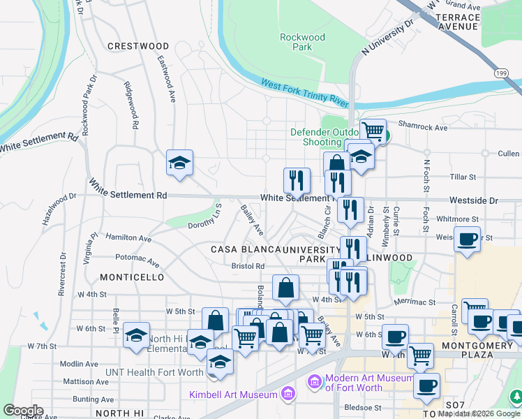 map of restaurants, bars, coffee shops, grocery stores, and more near 104 Boland Street in Fort Worth