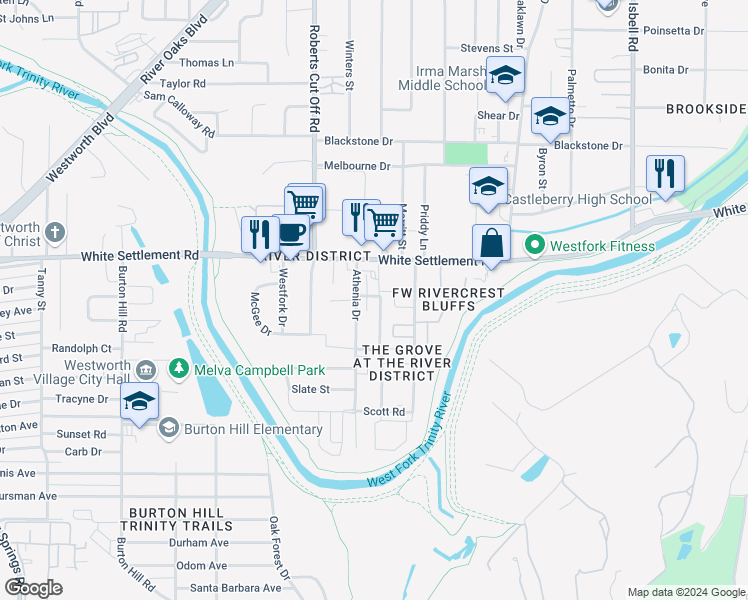 map of restaurants, bars, coffee shops, grocery stores, and more near 215 Athenia Drive in Fort Worth