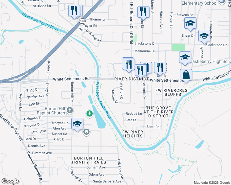map of restaurants, bars, coffee shops, grocery stores, and more near 133 Mc Gee Drive in Fort Worth