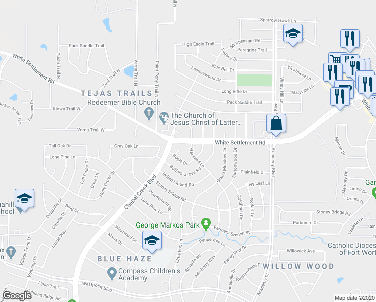 map of restaurants, bars, coffee shops, grocery stores, and more near 105 Bugle Court in Fort Worth