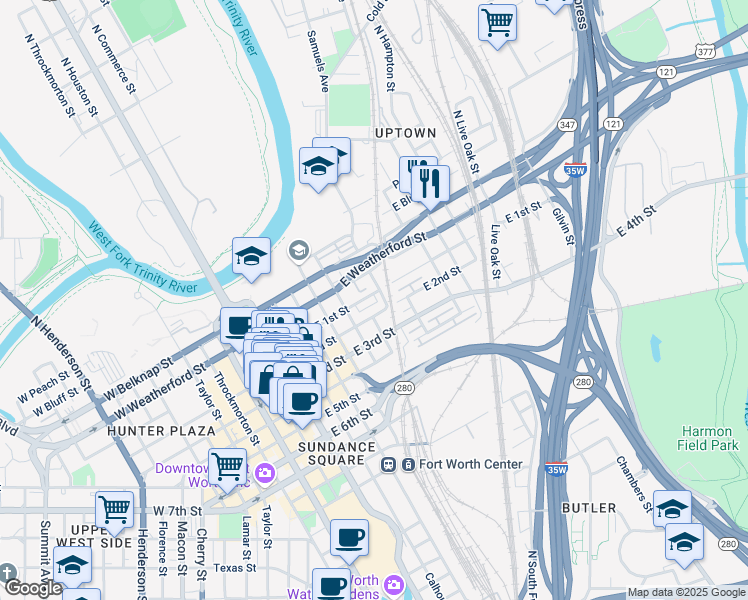 map of restaurants, bars, coffee shops, grocery stores, and more near 712 East 1st Street in Fort Worth