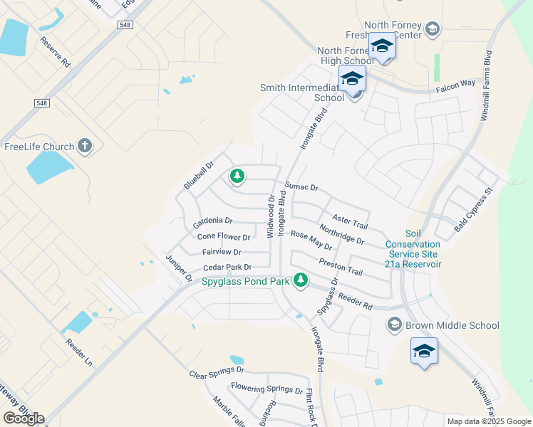 map of restaurants, bars, coffee shops, grocery stores, and more near 2000 Brook Meadow Drive in Forney