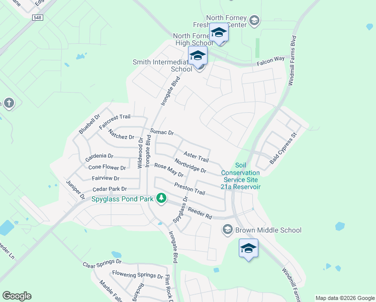 map of restaurants, bars, coffee shops, grocery stores, and more near 2005 Aster Trail in Forney