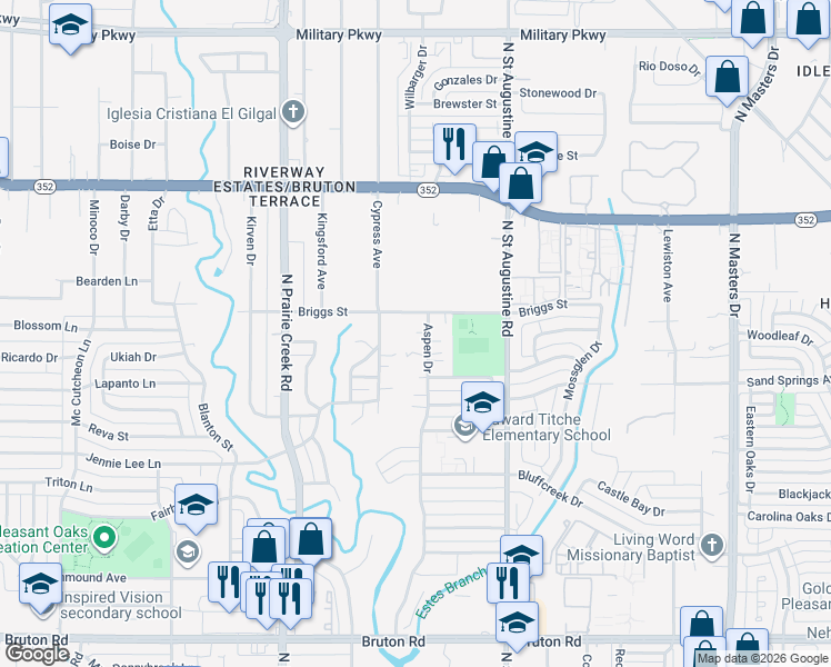 map of restaurants, bars, coffee shops, grocery stores, and more near 2735 Aspen Drive in Dallas