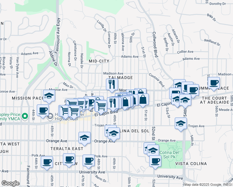map of restaurants, bars, coffee shops, grocery stores, and more near 4493 49th Street in San Diego