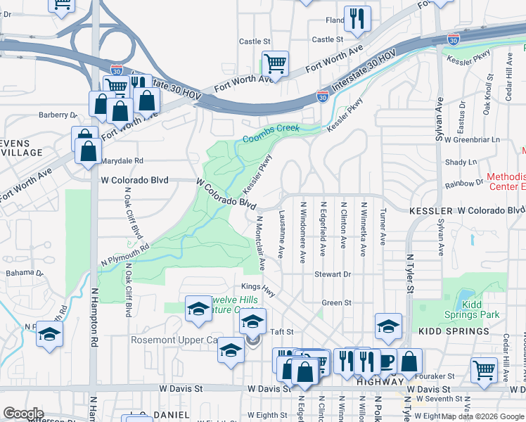 map of restaurants, bars, coffee shops, grocery stores, and more near North Montclair Avenue in Dallas