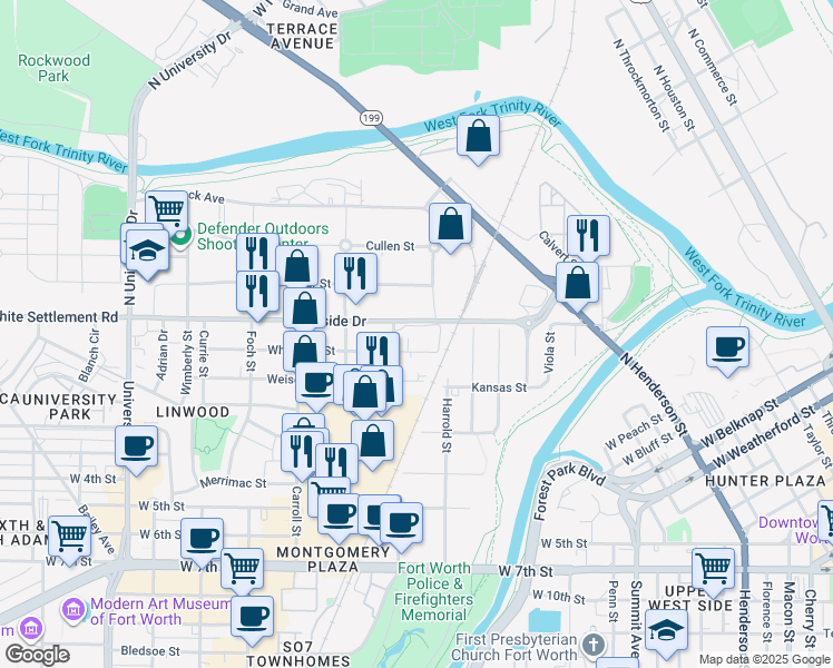 map of restaurants, bars, coffee shops, grocery stores, and more near 2419 White Settlement Road in Fort Worth