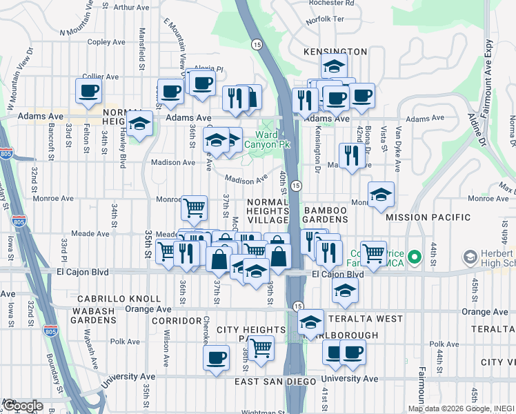 map of restaurants, bars, coffee shops, grocery stores, and more near 4479 38th Street in San Diego
