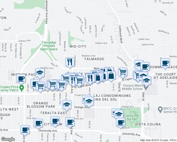 map of restaurants, bars, coffee shops, grocery stores, and more near 4480 49th Street in San Diego