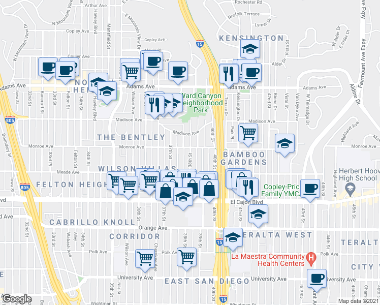 map of restaurants, bars, coffee shops, grocery stores, and more near 4482 38th Street in San Diego