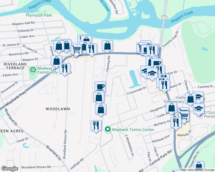 map of restaurants, bars, coffee shops, grocery stores, and more near 323 Fleming Road in Charleston