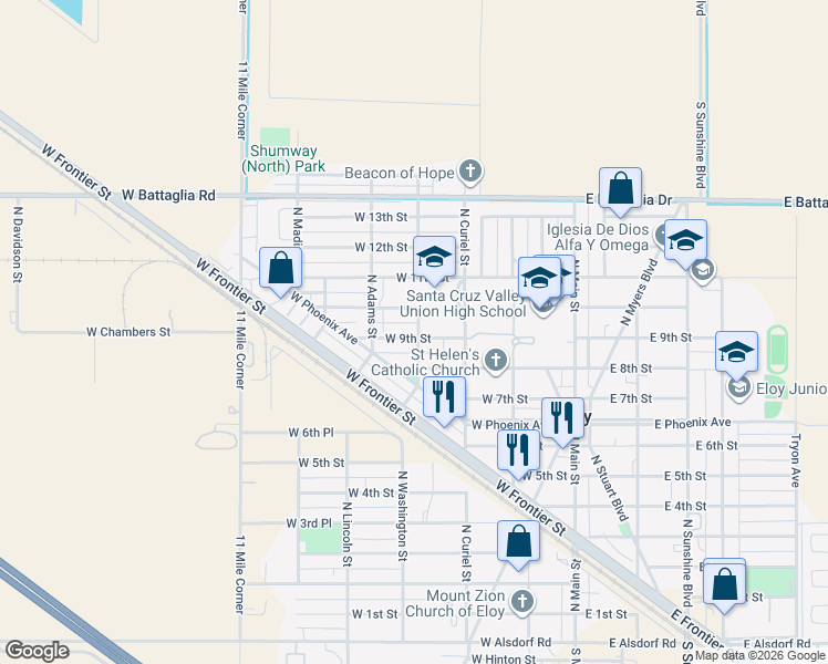 map of restaurants, bars, coffee shops, grocery stores, and more near 402 West 9th Street in Eloy