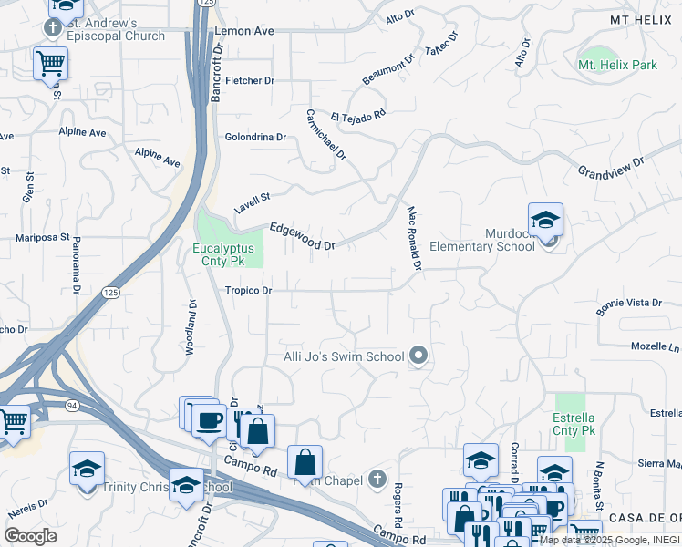 map of restaurants, bars, coffee shops, grocery stores, and more near 9364 Tropico Drive in La Mesa