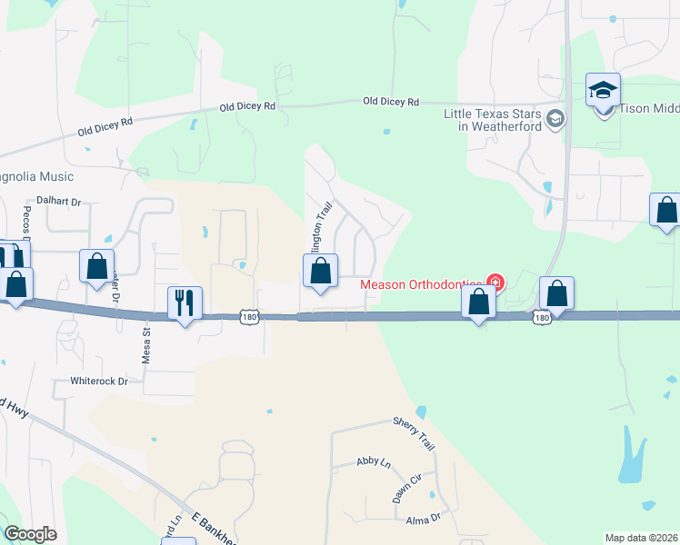 map of restaurants, bars, coffee shops, grocery stores, and more near 1909 Windowmere Trail in Weatherford