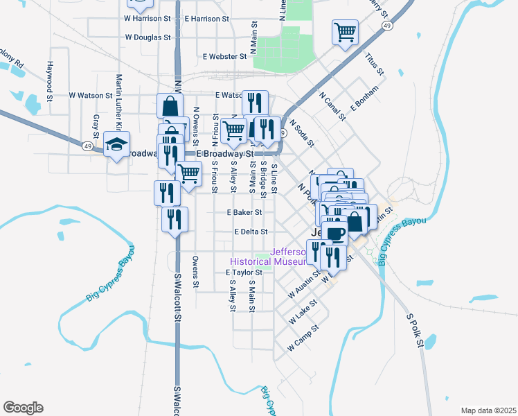 map of restaurants, bars, coffee shops, grocery stores, and more near 503 East Baker Street in Jefferson