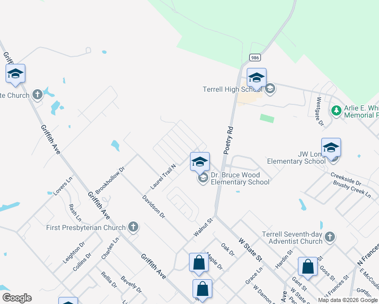 map of restaurants, bars, coffee shops, grocery stores, and more near 1000 Glenda Street in Terrell