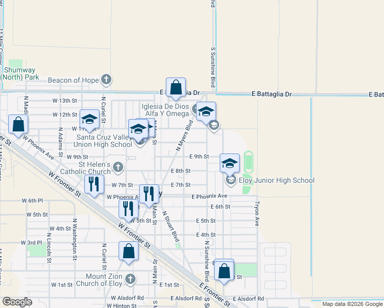 map of restaurants, bars, coffee shops, grocery stores, and more near 204 East 9th Street in Eloy