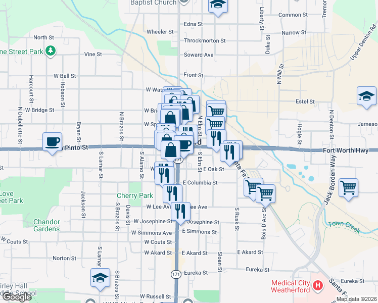 map of restaurants, bars, coffee shops, grocery stores, and more near 106 East Church Street in Weatherford
