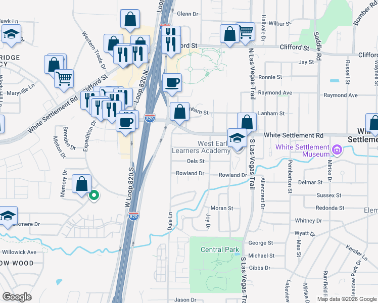 map of restaurants, bars, coffee shops, grocery stores, and more near 9205 Farmers Road in White Settlement