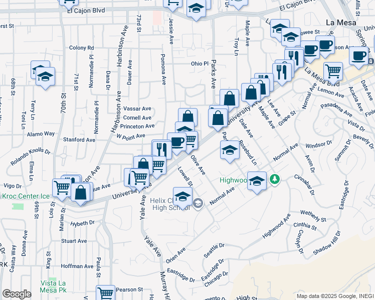 map of restaurants, bars, coffee shops, grocery stores, and more near 7500 University Avenue in La Mesa