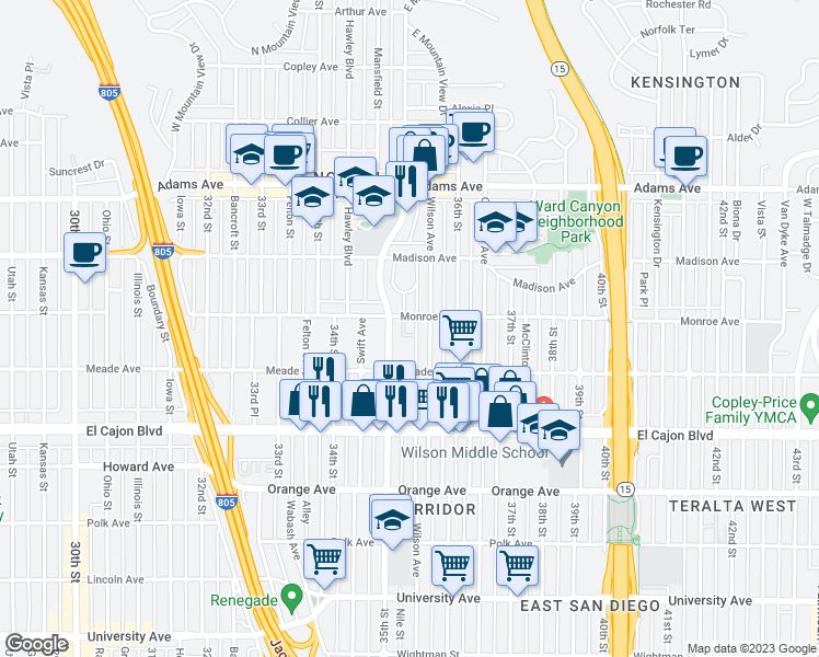 map of restaurants, bars, coffee shops, grocery stores, and more near in San Diego