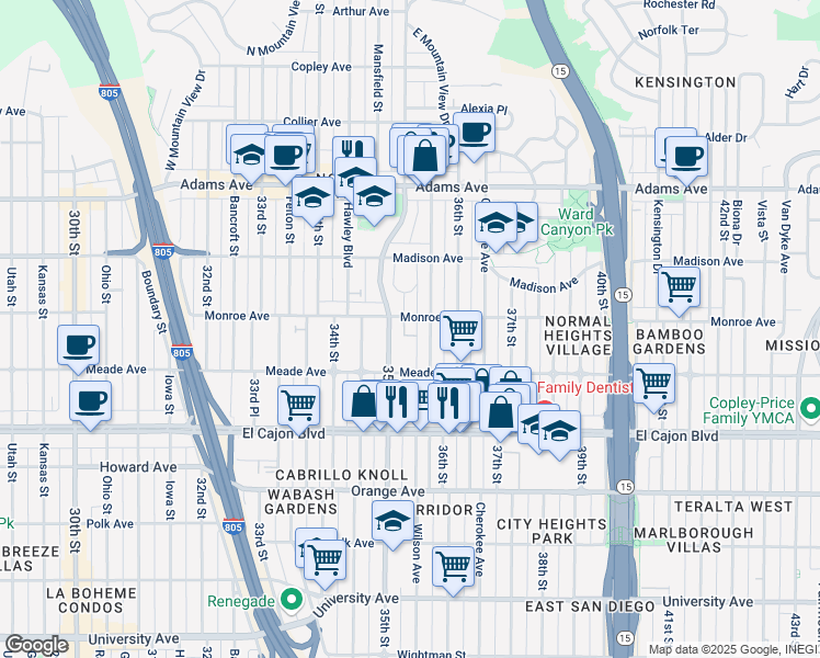 map of restaurants, bars, coffee shops, grocery stores, and more near 3535 Monroe Avenue in San Diego