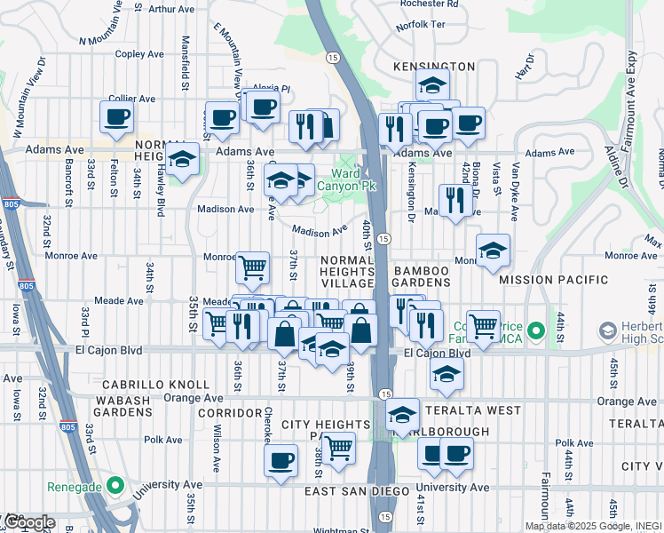 map of restaurants, bars, coffee shops, grocery stores, and more near 4479 38th Street in San Diego