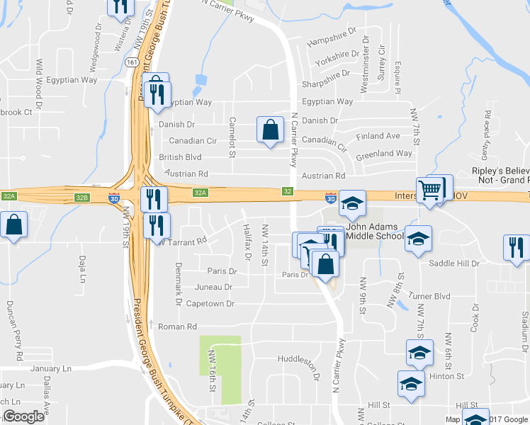 map of restaurants, bars, coffee shops, grocery stores, and more near 1302 West Tarrant Road in Grand Prairie