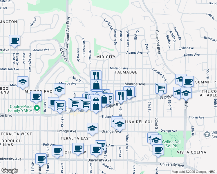 map of restaurants, bars, coffee shops, grocery stores, and more near 4493 48th Street in San Diego