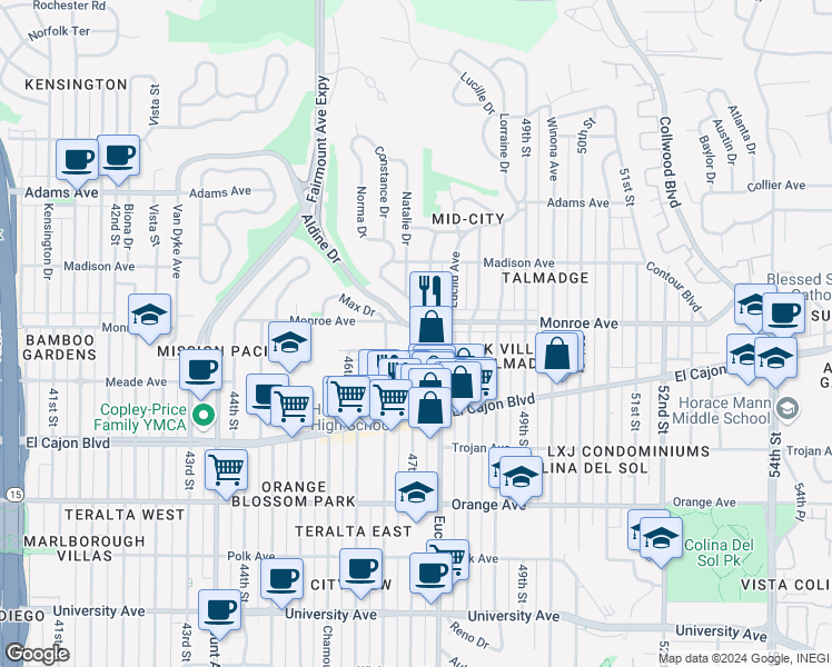 map of restaurants, bars, coffee shops, grocery stores, and more near 4490 47th Street in San Diego