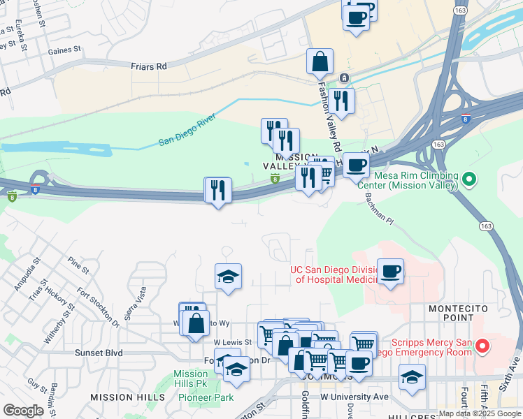 map of restaurants, bars, coffee shops, grocery stores, and more near 1201 Hotel Circle South in San Diego