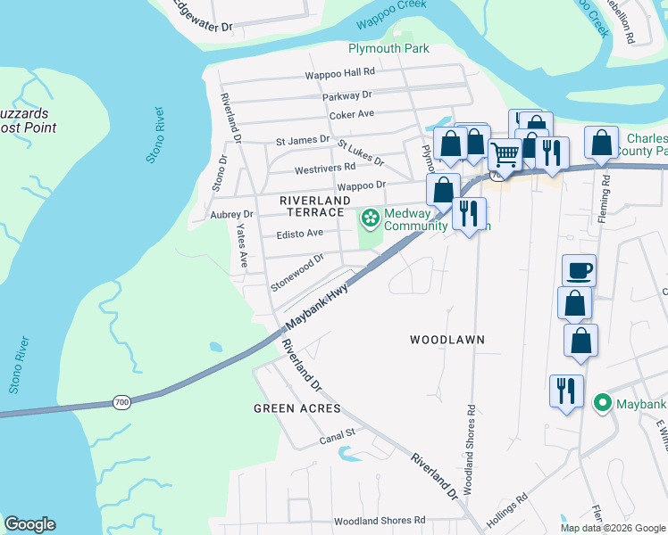 map of restaurants, bars, coffee shops, grocery stores, and more near 2134 Golfview Drive in Charleston