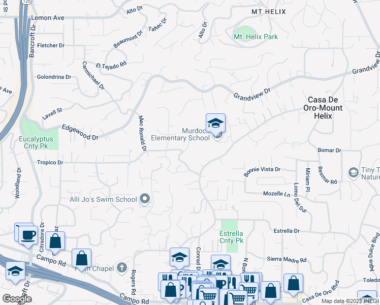 map of restaurants, bars, coffee shops, grocery stores, and more near 4275 Avenida Gregory in Spring Valley