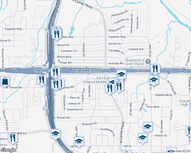map of restaurants, bars, coffee shops, grocery stores, and more near 1302 West Tarrant Road in Grand Prairie