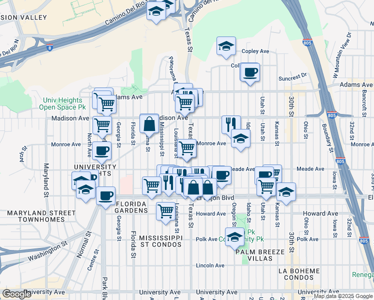 map of restaurants, bars, coffee shops, grocery stores, and more near 4470 Texas Street in San Diego