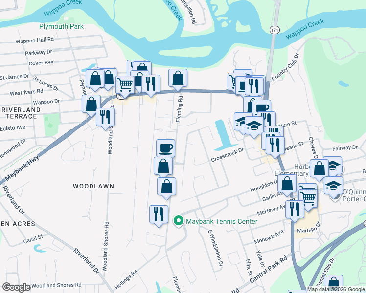 map of restaurants, bars, coffee shops, grocery stores, and more near 27 Paddlecreek Avenue in Charleston