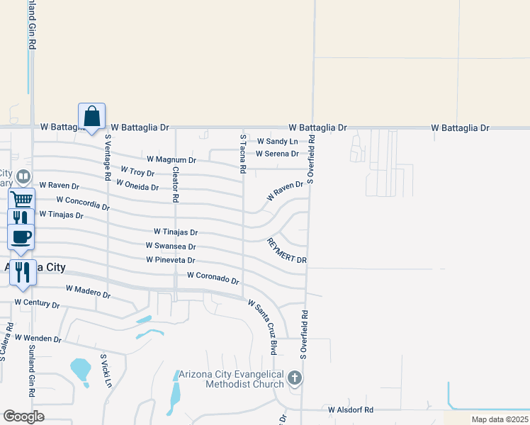 map of restaurants, bars, coffee shops, grocery stores, and more near 8313 West Raven Drive in Arizona City