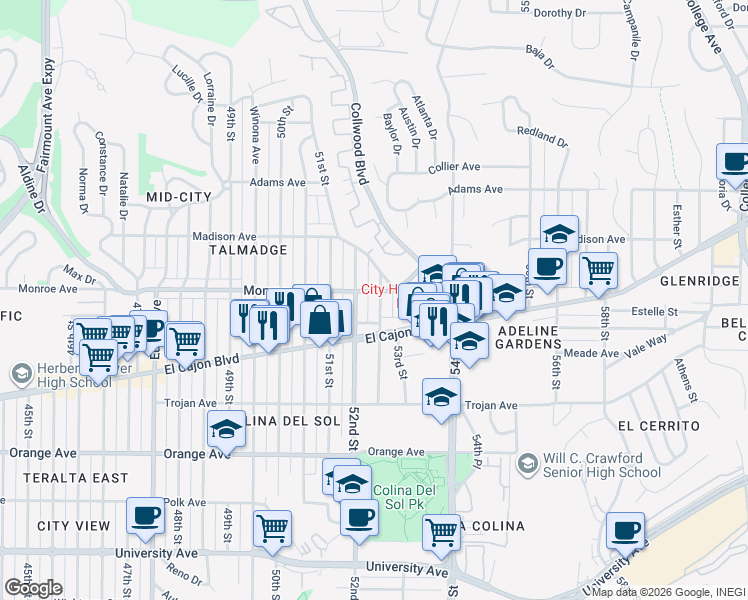 map of restaurants, bars, coffee shops, grocery stores, and more near 4466 Dawson Avenue in San Diego