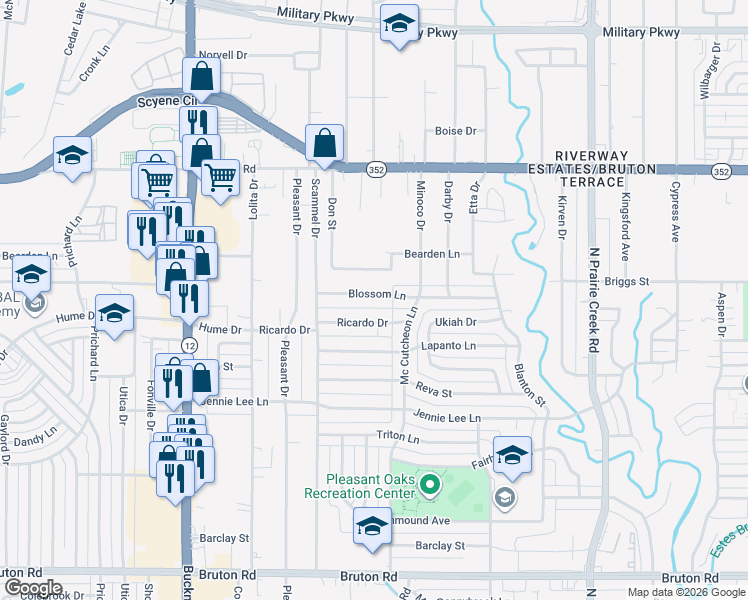 map of restaurants, bars, coffee shops, grocery stores, and more near 8502 Blossom Lane in Dallas