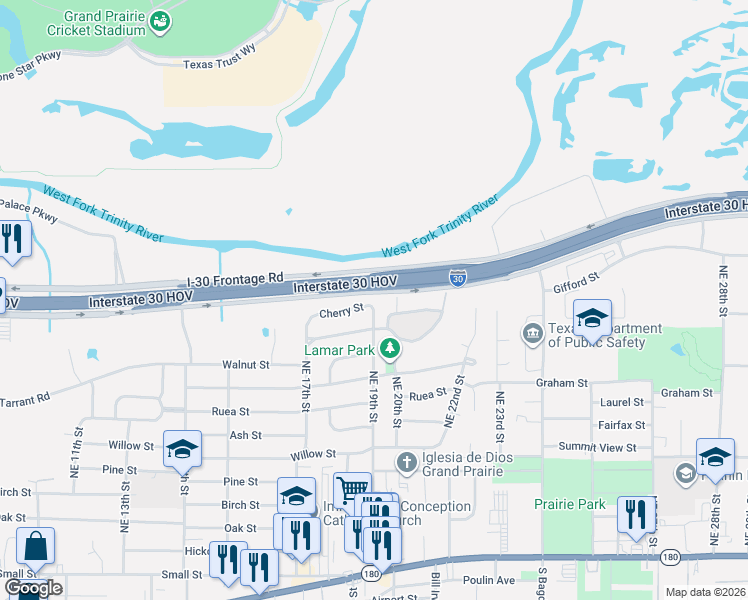map of restaurants, bars, coffee shops, grocery stores, and more near 1826 Cherry Street in Grand Prairie