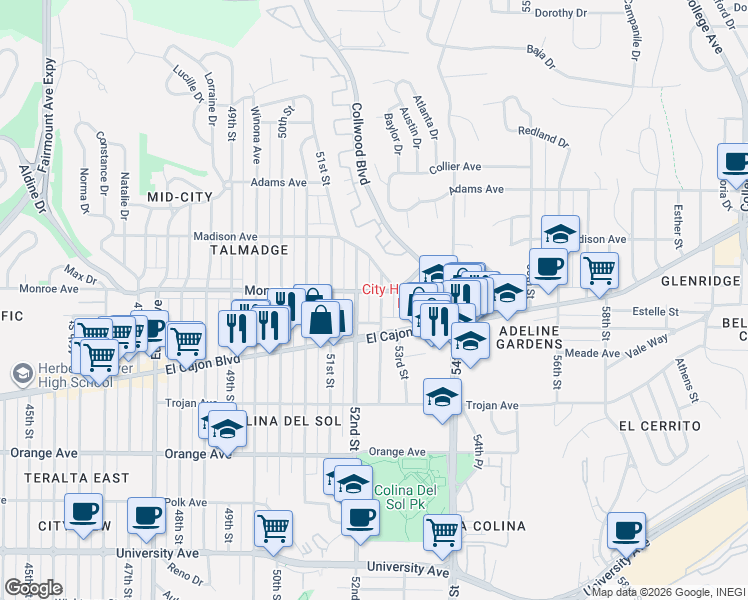 map of restaurants, bars, coffee shops, grocery stores, and more near 4466 Dawson Avenue in San Diego