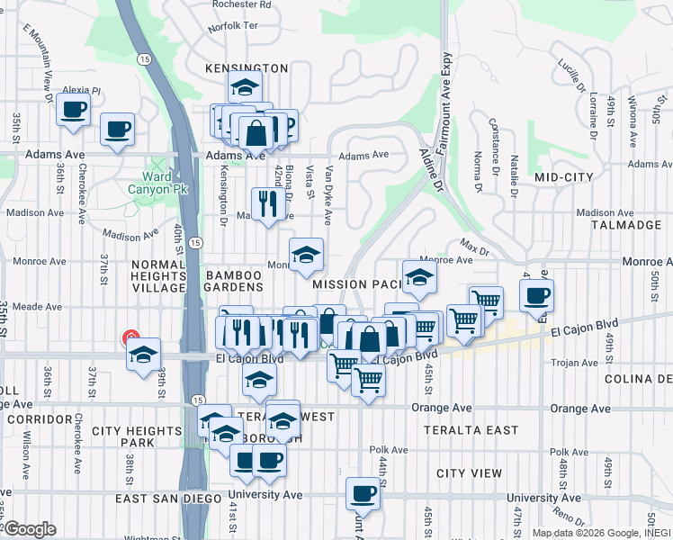 map of restaurants, bars, coffee shops, grocery stores, and more near 4489 Van Dyke Avenue in San Diego