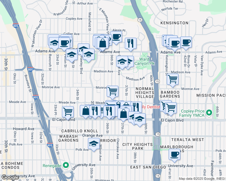 map of restaurants, bars, coffee shops, grocery stores, and more near 4468 36th Street in San Diego