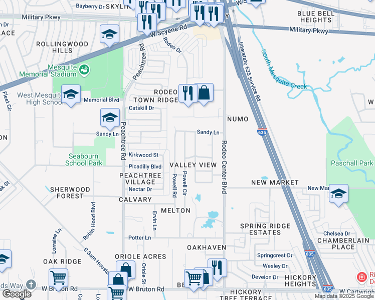 map of restaurants, bars, coffee shops, grocery stores, and more near 828 Powell Circle in Mesquite