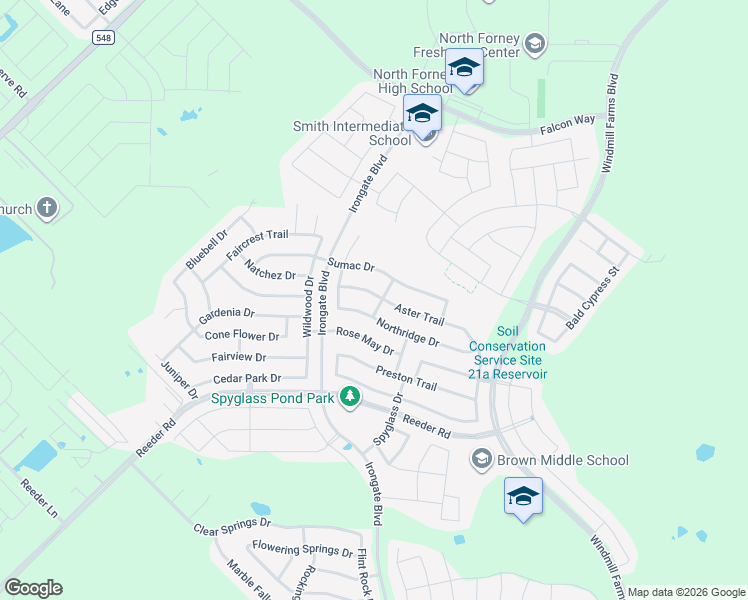 map of restaurants, bars, coffee shops, grocery stores, and more near 2101 Northridge Drive in Forney