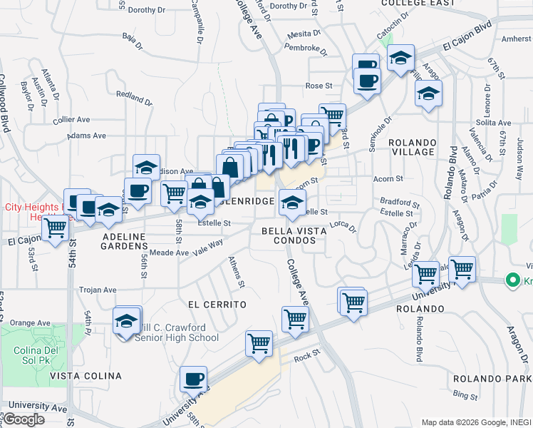 map of restaurants, bars, coffee shops, grocery stores, and more near 6026 Estelle Street in San Diego