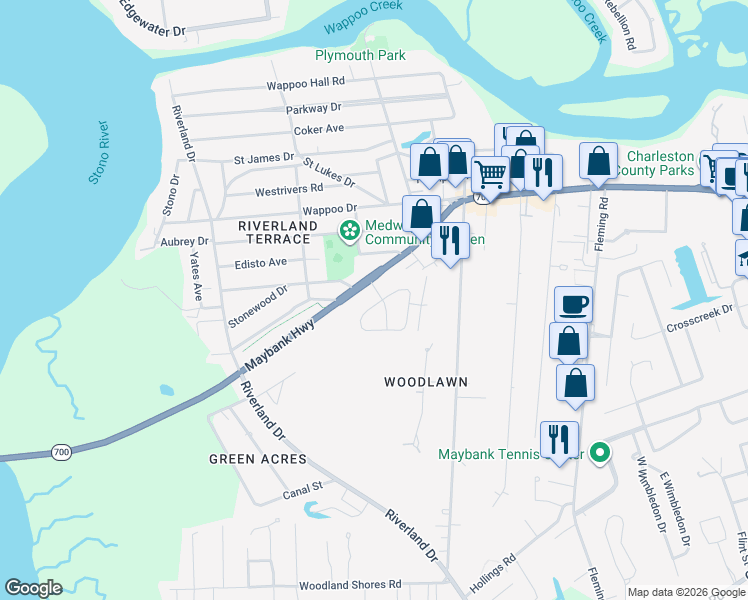 map of restaurants, bars, coffee shops, grocery stores, and more near 311 Pageland Road in Charleston